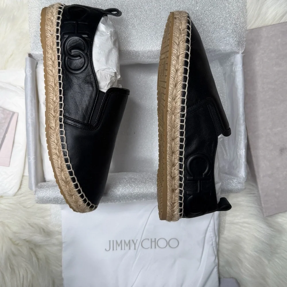 New in box Jimmy Choo Lichi Black Napa Leather Espadrilles Embossed Logo